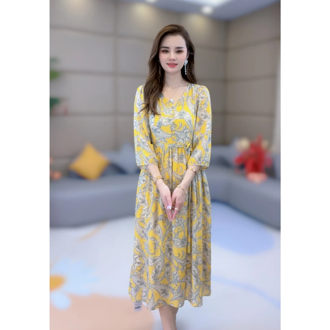 《静静心选》黄色腰果花宽松腰带款真丝连衣裙 90120