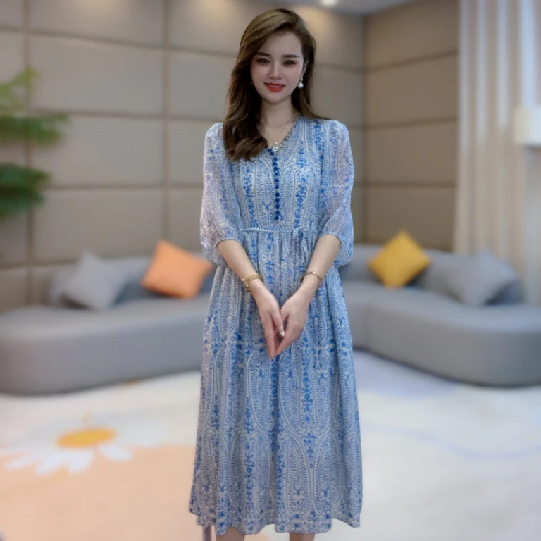 《静静心选》蓝色收腰修身时尚气质真丝连衣裙 90288
