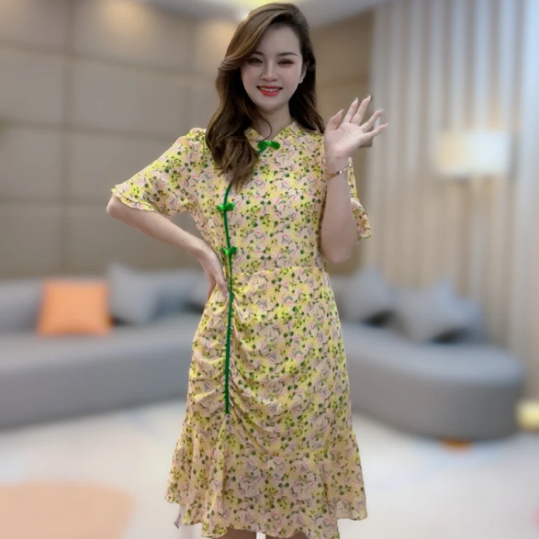 《静静心选》黄色花朵宽松背后拉链印花真丝连衣裙 90118