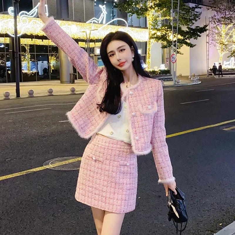 2023秋冬新款加厚短款外套+半身裙两件套名媛时尚小香风套装裙女