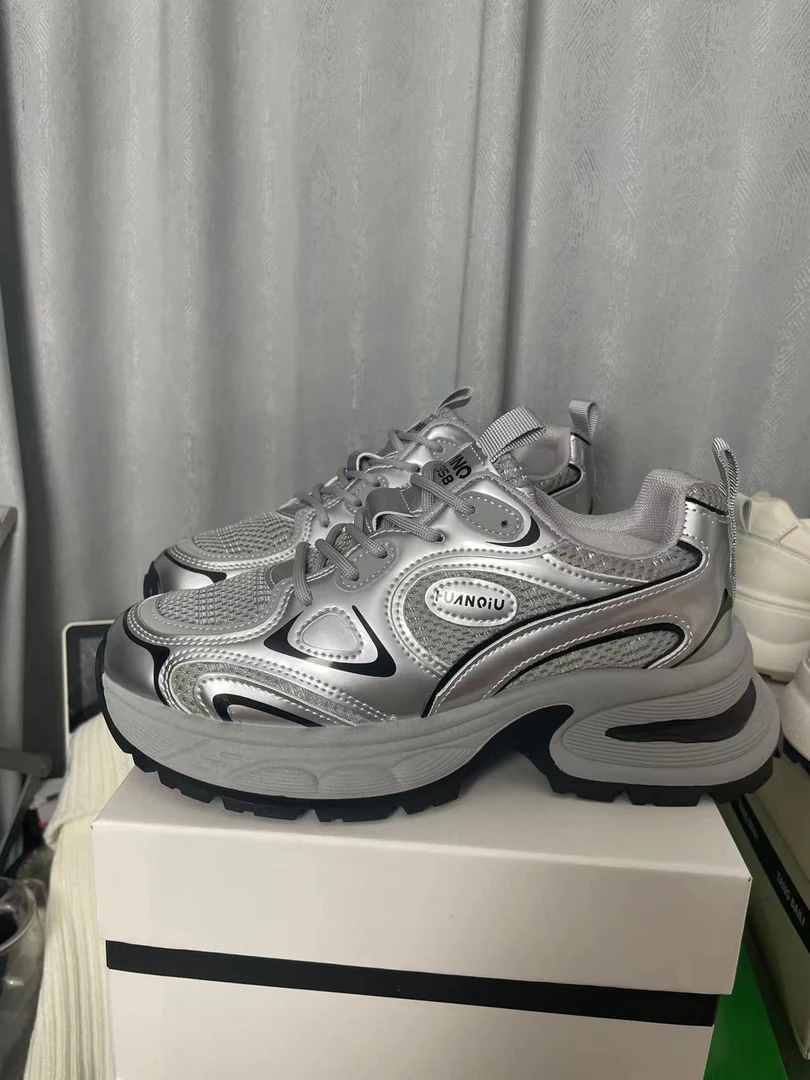 【1082】厚底银色老爹鞋女款2024新款夏季透气增高休闲百搭