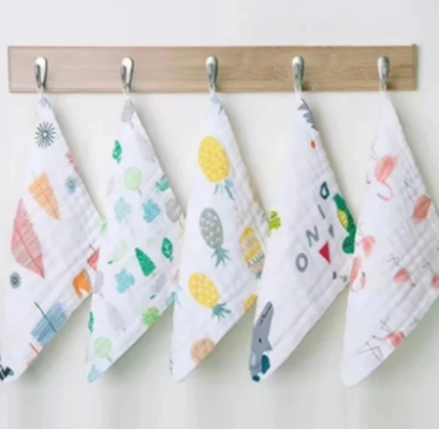 （7条装）纯棉6层纱布毛巾泡泡纱方巾（25x25）新生儿婴幼儿加厚印花