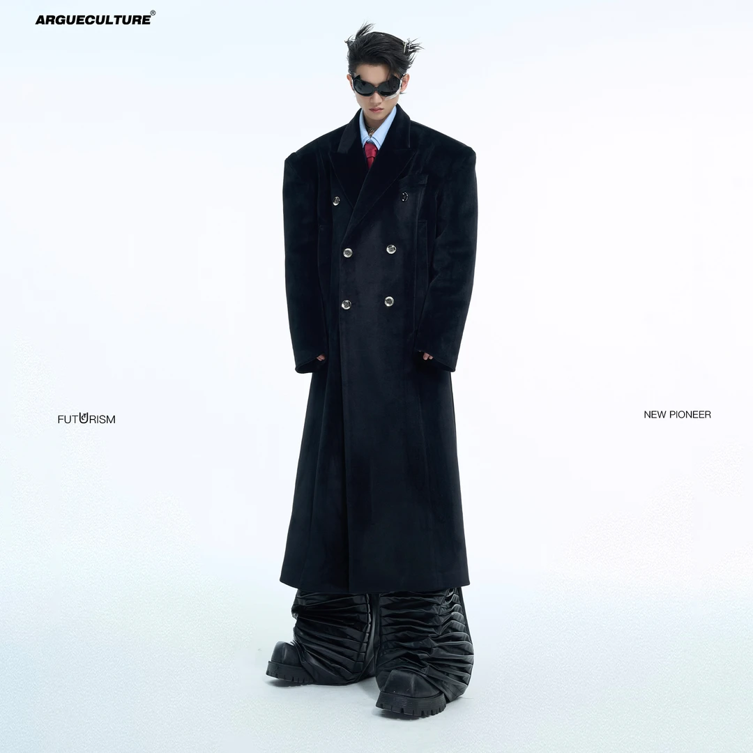ArguE小众金属双排扣立体廓形毛呢大衣重磅丝绒加厚高级秋冬外套