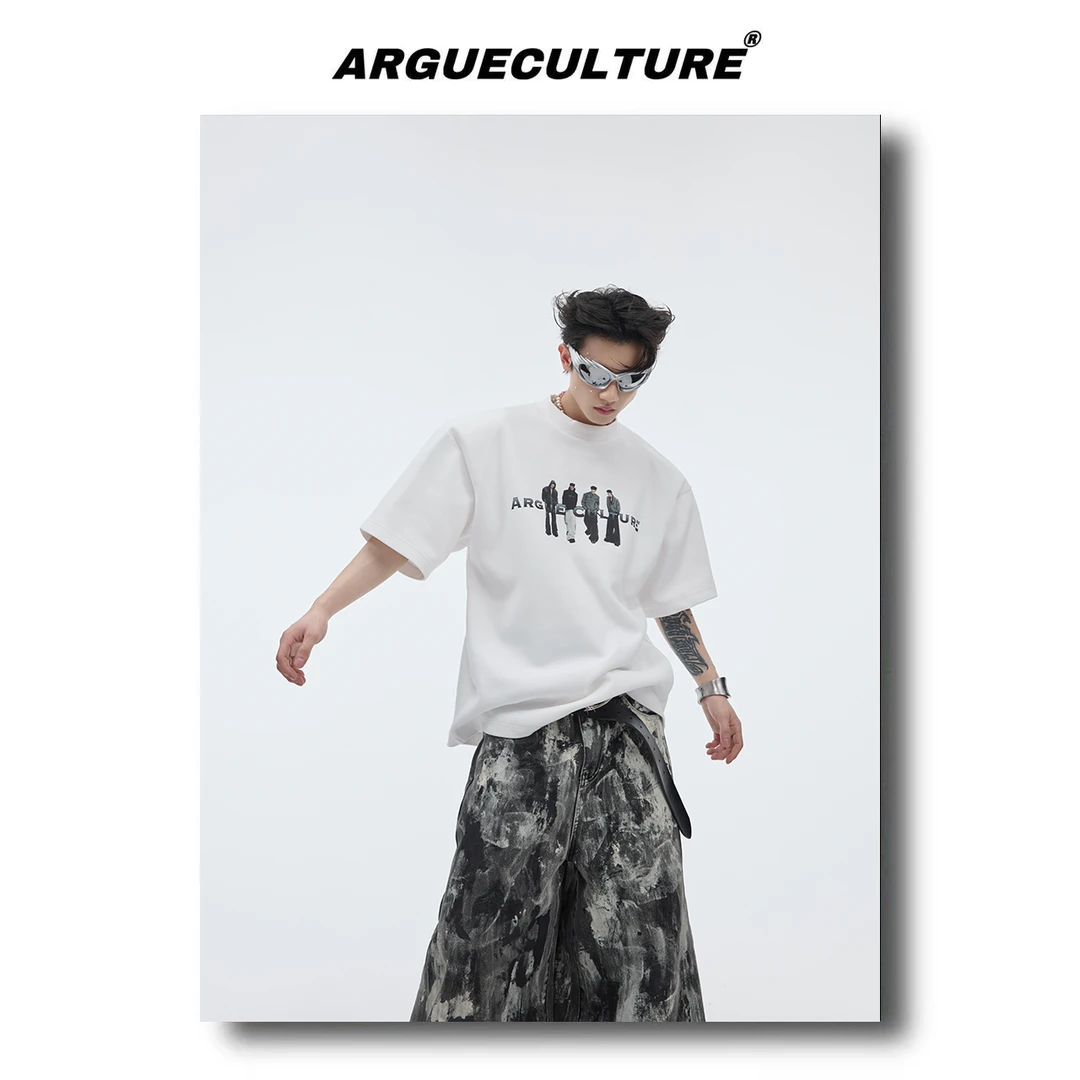 CulturE24ss新款夏季小众人物数码印花垫肩短袖棉宽松重磅T恤男