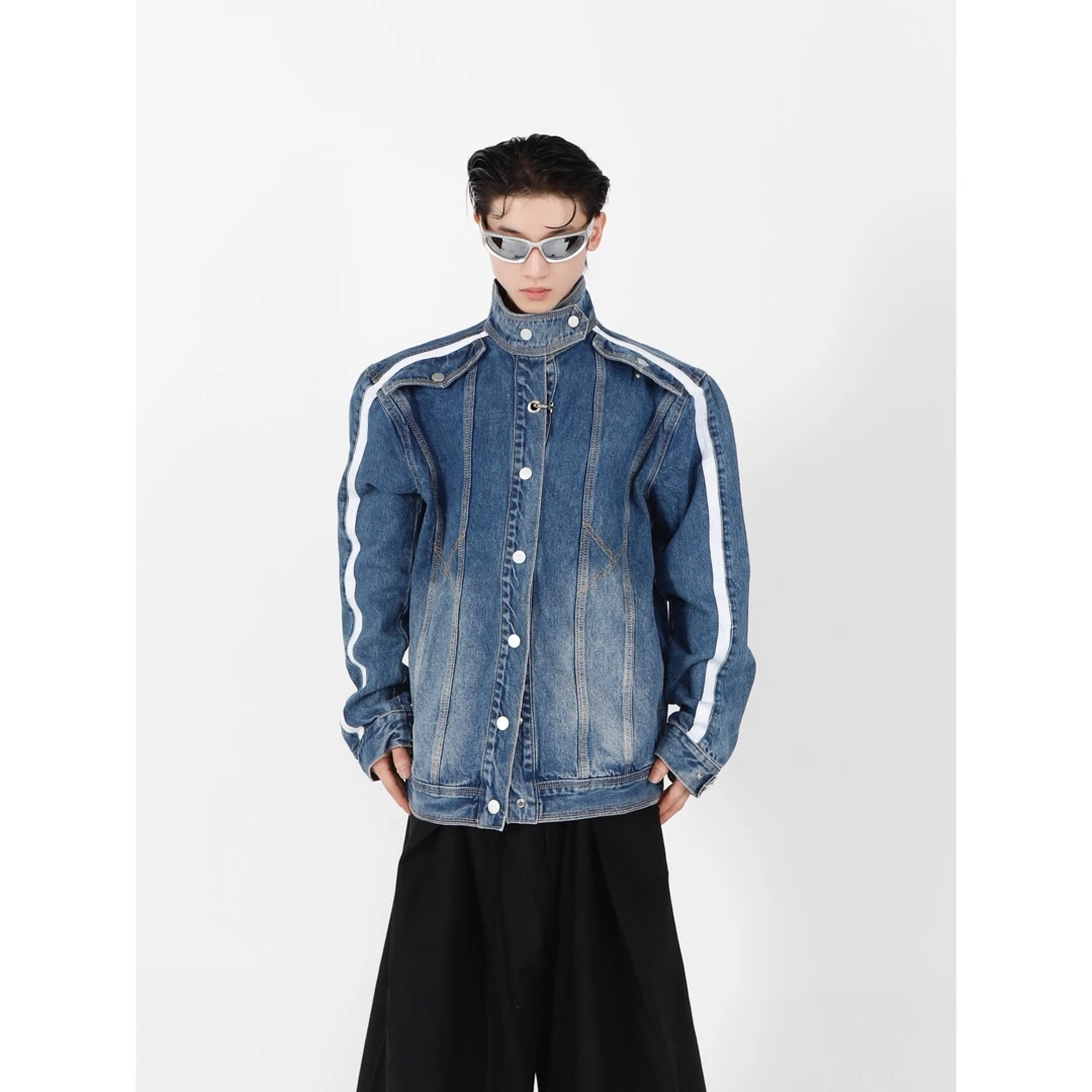 CulturE小众解构水洗立领牛仔外套金属纽扣设计夹克高级短款上衣