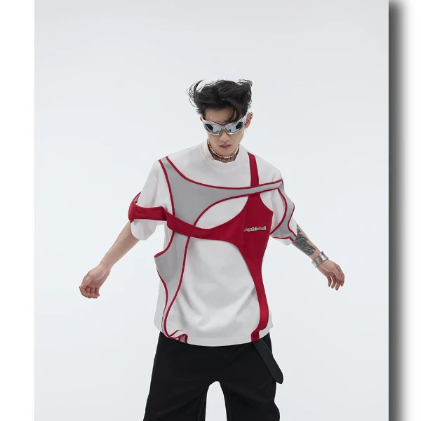 CulturE夏季小众解构双层拼接设计感垫肩短袖绑带撞色宽松重磅T恤