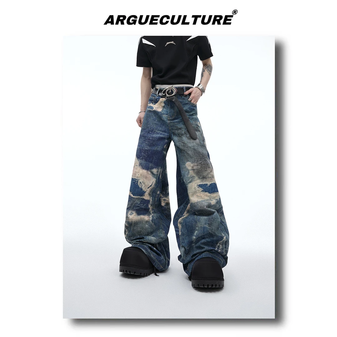 CulturE小众重工做旧防牛仔数码印花宽松休闲裤复古破坏牛仔裤男