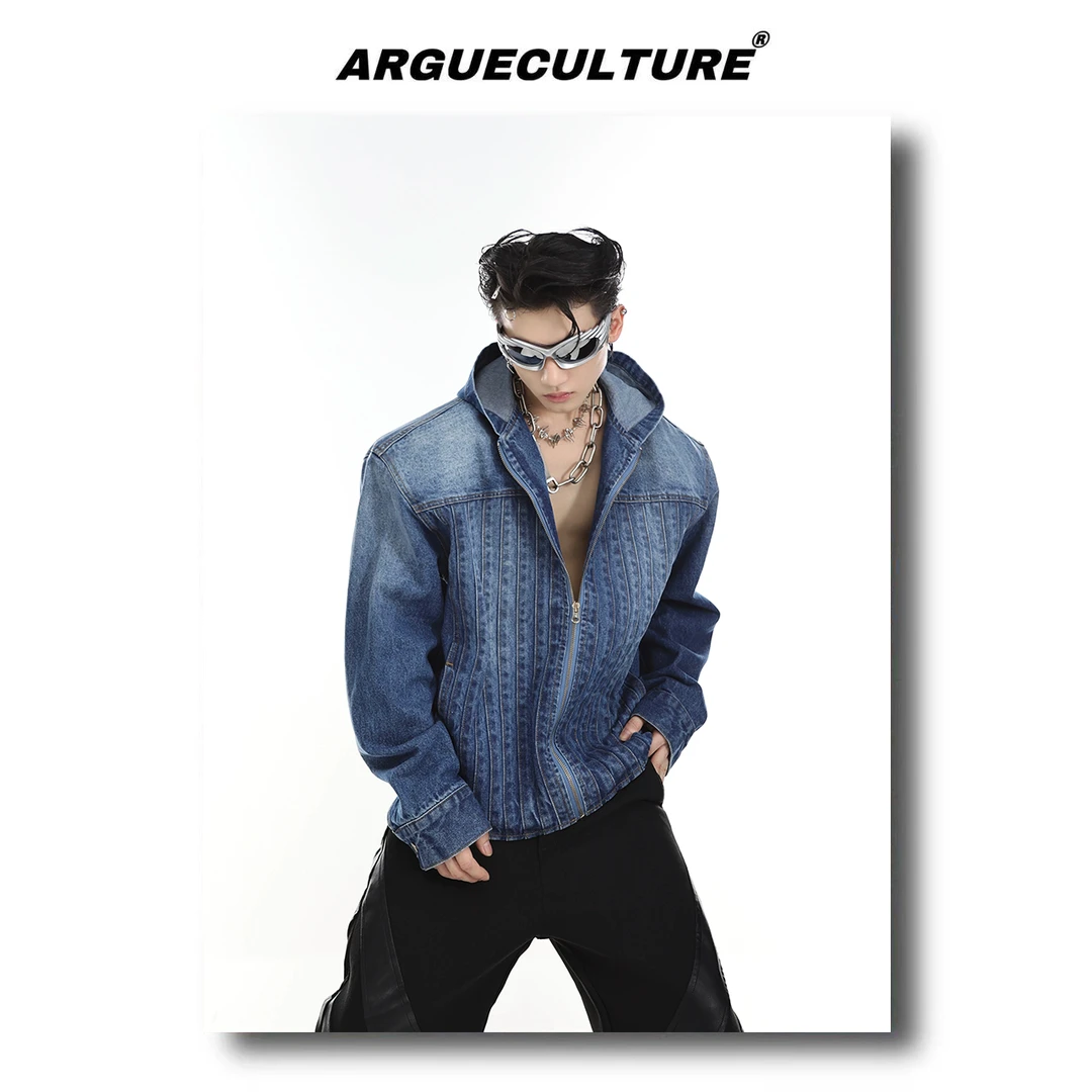 CulturE原创小众重工压褶水洗连帽牛仔外套垫肩夹克男廓形上衣