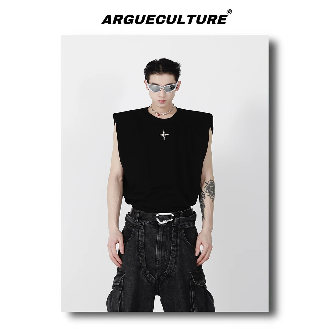 ArguE CulturE小众垫肩背心设计感立体金属无袖T恤简约宽松上衣男
