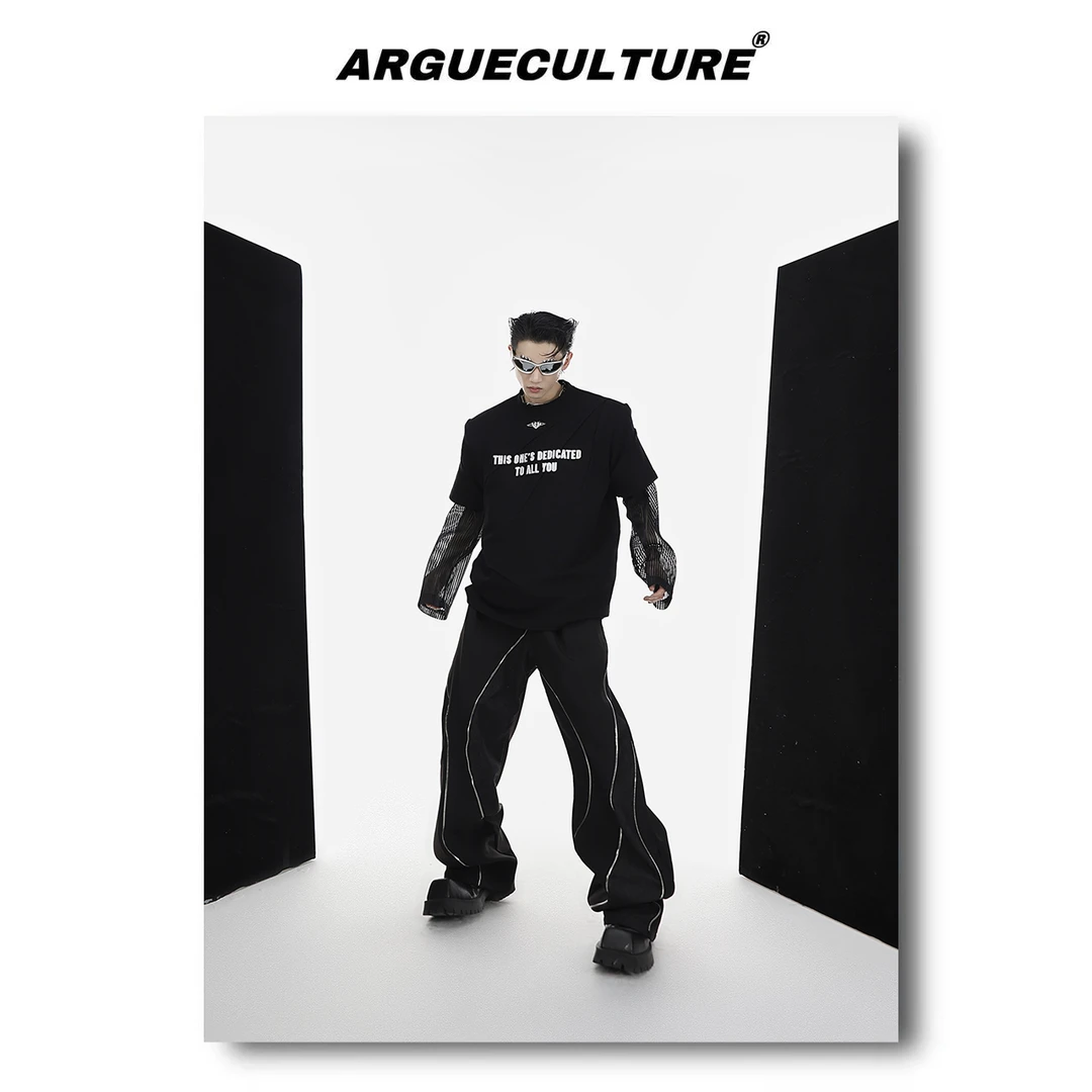 CulturE自制小众立体金属印花垫肩T恤男高级宽松设计感短袖男潮