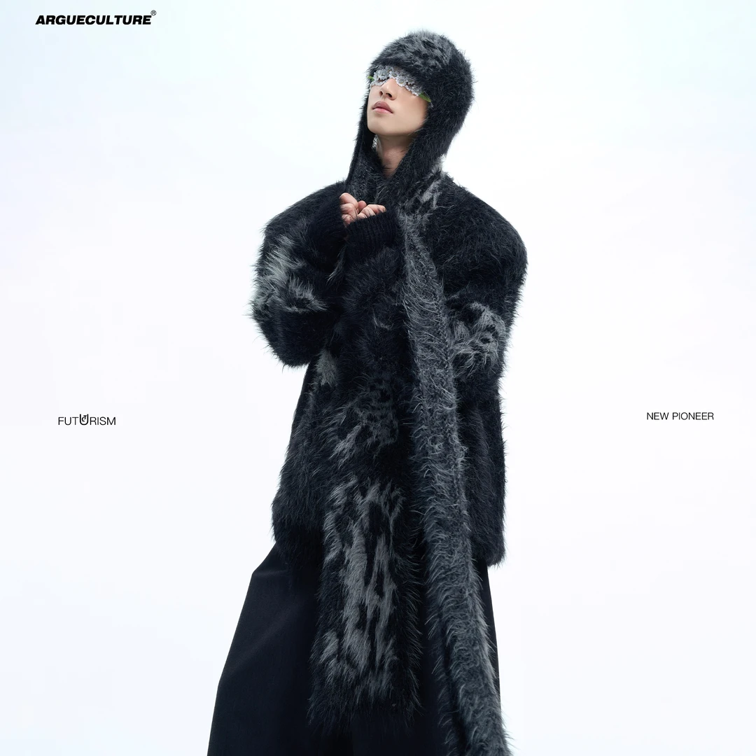 ArguE小众拼接撞色冬季圆领毛衣可拆卸连帽设计感宽松慵懒毛衫