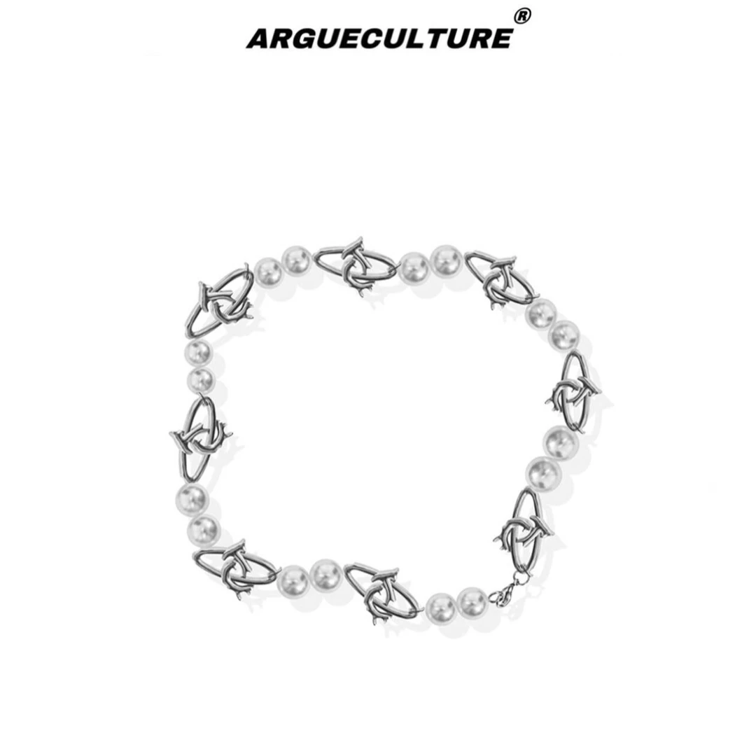 钛钢仿珍珠项链 ARGUE徽牌logo巴洛克反流光珍珠中古INS颈链百搭