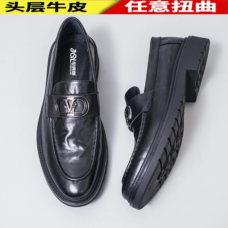 黑色真皮商务休闲皮鞋尖头软皮透气男士百搭懒人一脚蹬乐福男鞋