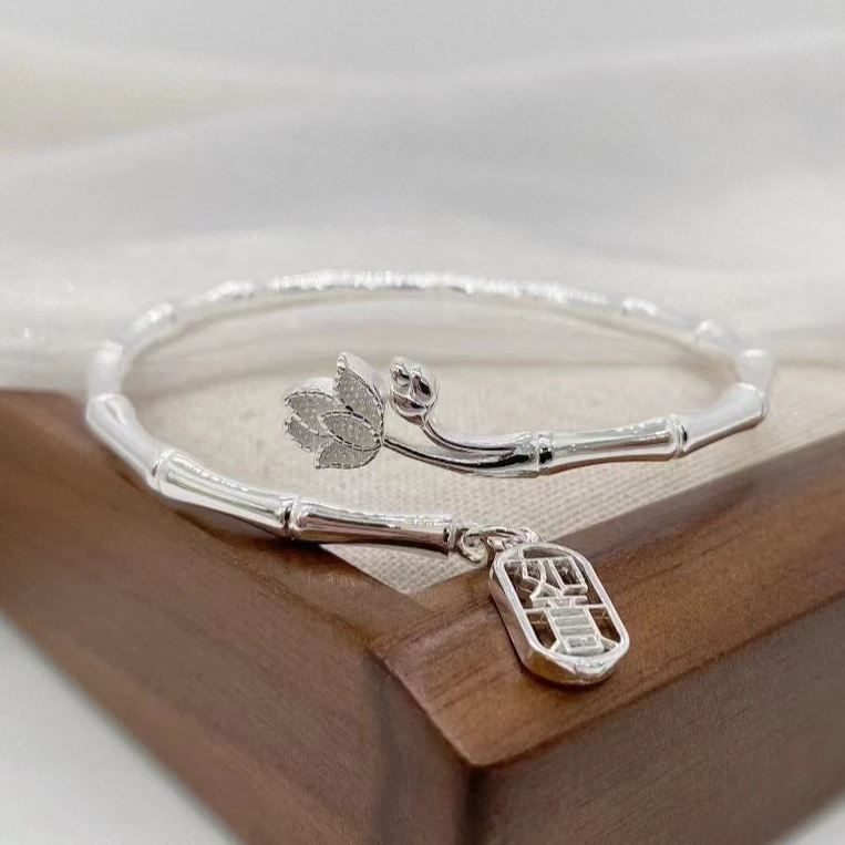 足银手镯 手工气质时尚简约经典，磨砂素款百搭素圈实心节节高升女