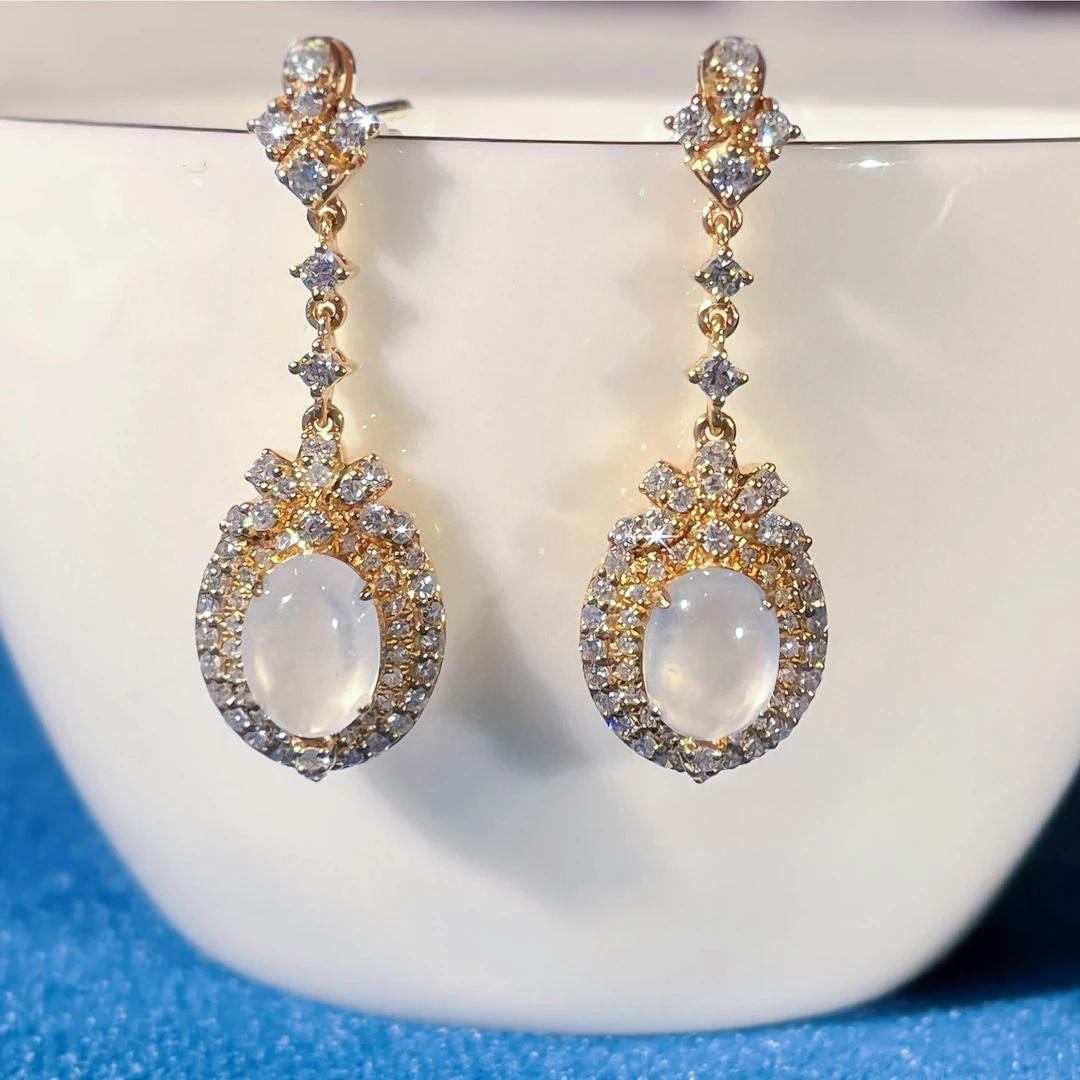 缅甸翡翠冰种蛋面耳饰18K玫瑰金满钻镶嵌气质轻奢优雅精致奢华