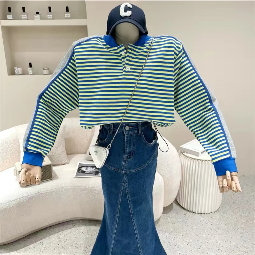 秋冬孤品带帽小衫牛仔连帽时尚显瘦春季蓝色条纹清仓