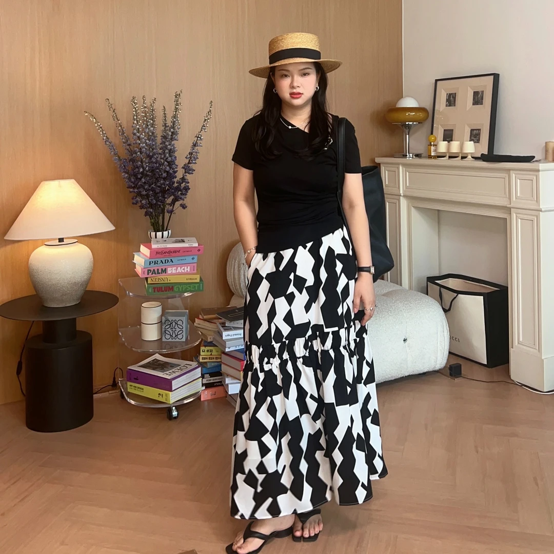 【惠姐私服】黑白几何印花设计感个性拼接高腰半身裙 82102
