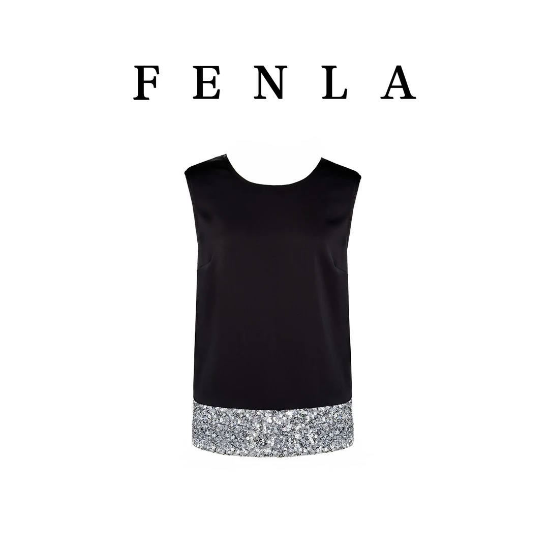 【惠姐私服】法式气质拼接亮片无袖背心宽松撞色简约上衣 82696