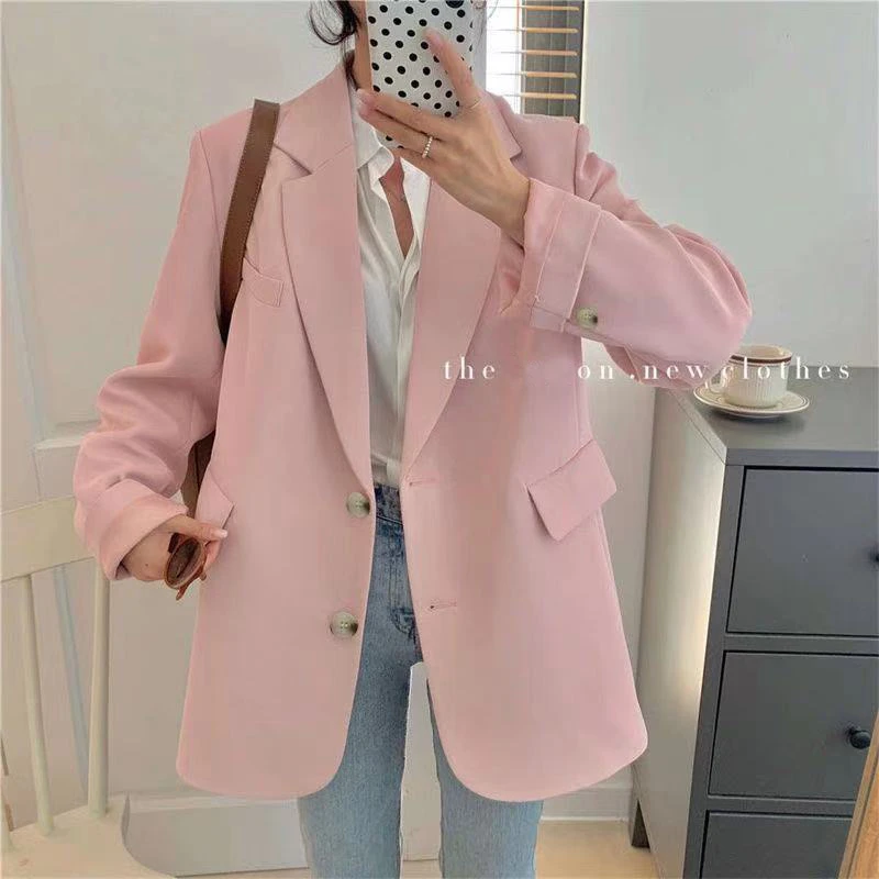 2025春秋新款网红炸街粉色西装外套女宽松高级感西服休闲感小众潮