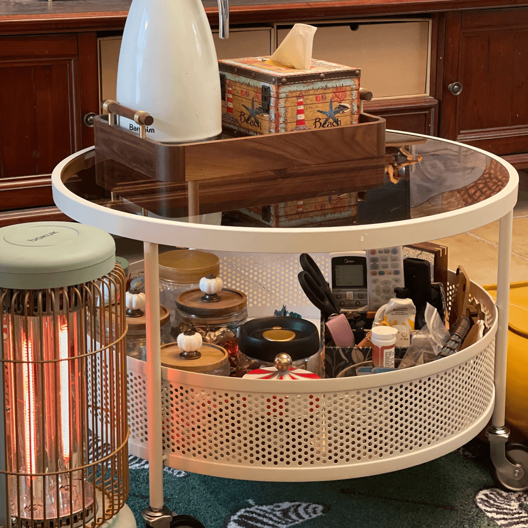 法式奶油风网红玻璃茶几小户型客厅家用现代简约可移动带轮小圆桌