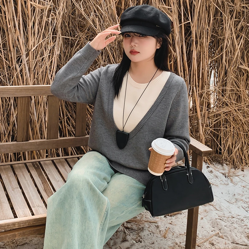 【乃粒】大码女装圆领假两件针织衫胖mm2024秋冬休闲假两件22811