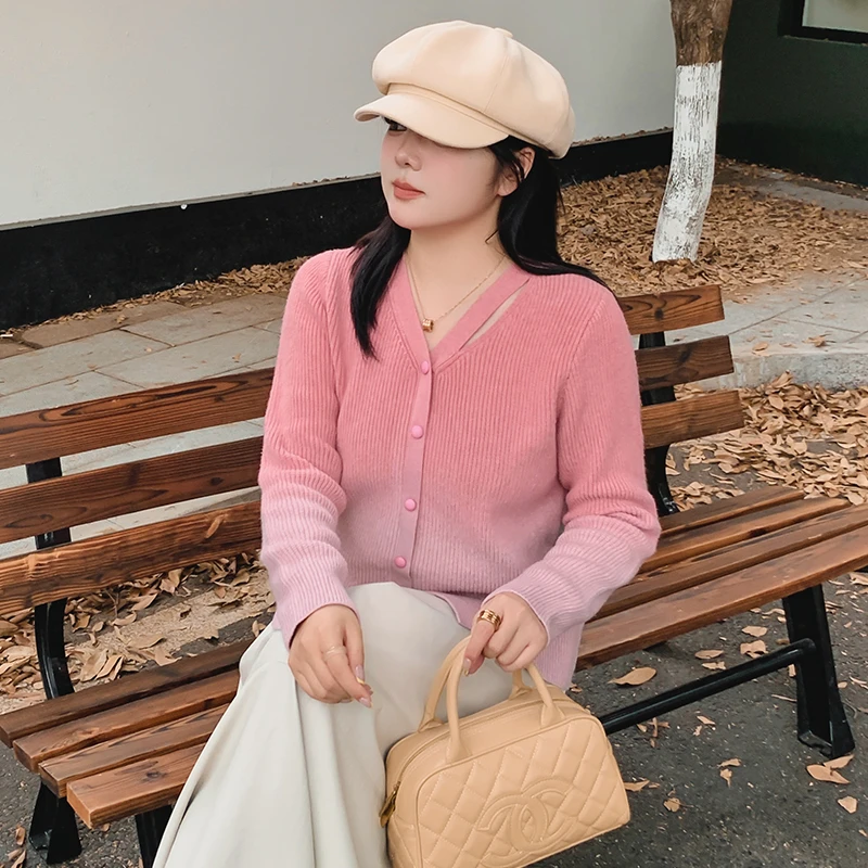 【乃粒】大码女装V领吊染渐变针织衫胖mm2024甜美风长袖22781