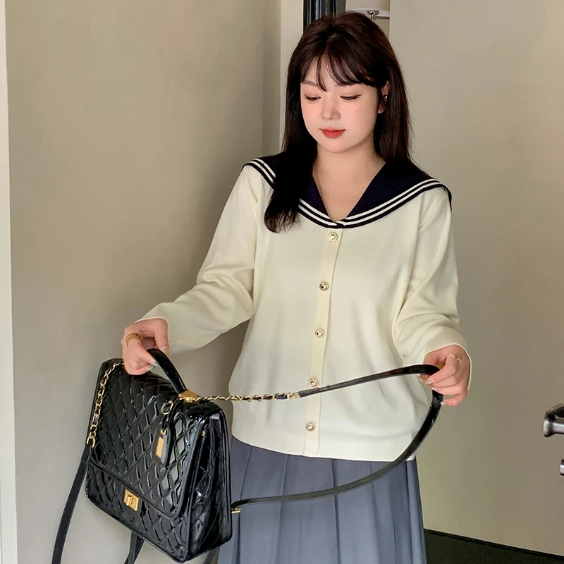 大码女装海军领学院风针织衫胖mm2024秋冬甜美上衣22590