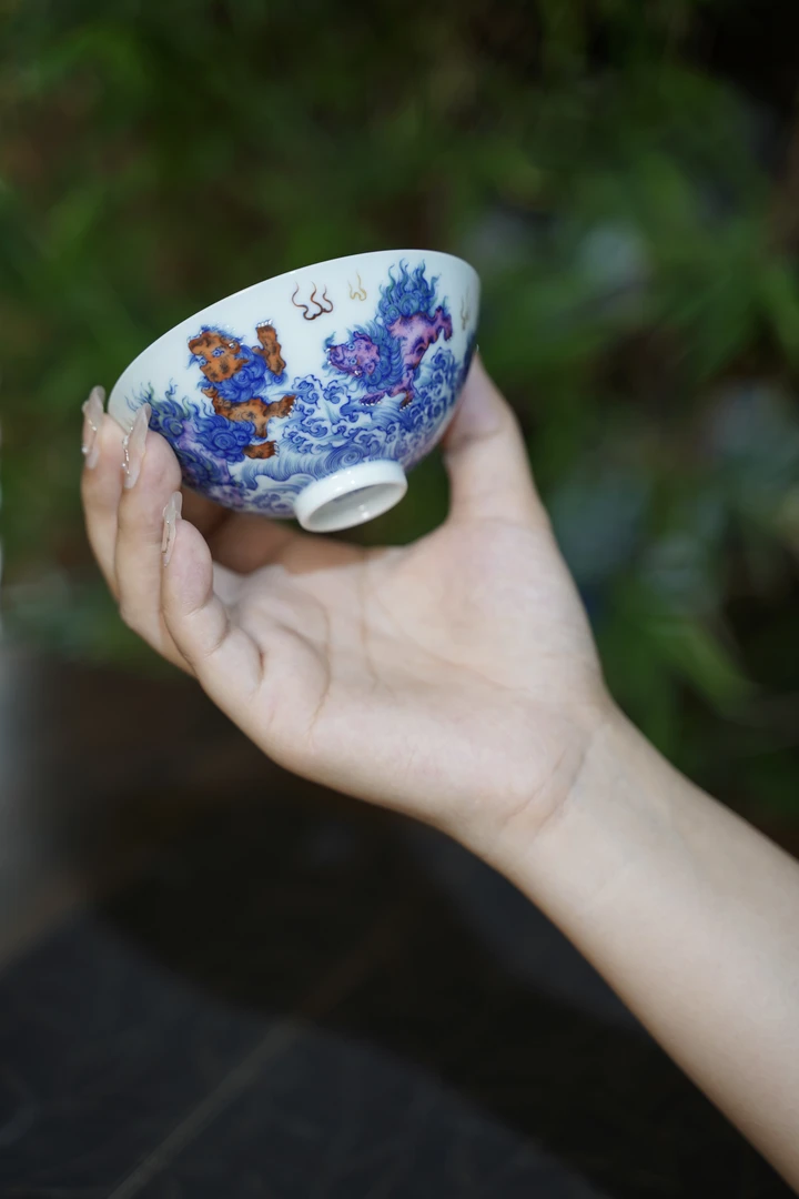 冉月观隐海水重工九狮杯~薄胎手绘