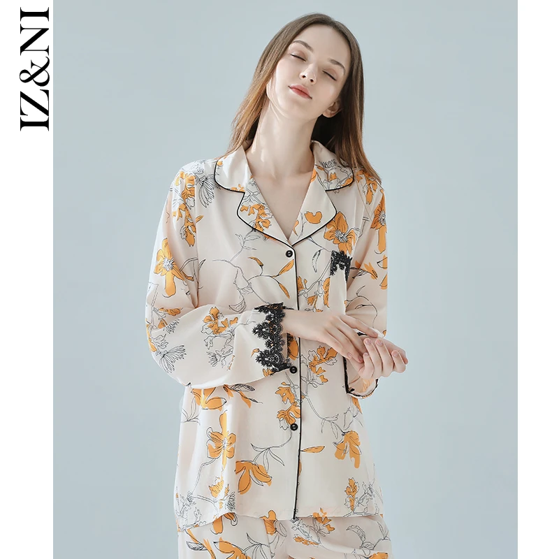 IIZZINI原创 睡衣女秋长袖冰丝中国风藤蔓黄花长裤家居服套装