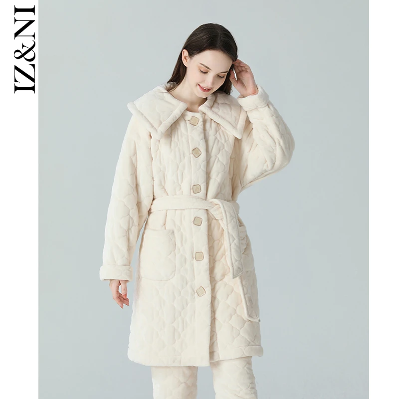 IIZZINI原创珊瑚绒加厚云纹系带奢华家居服中长款