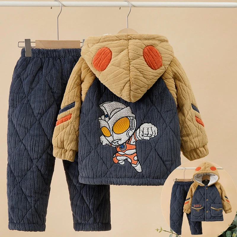 男童奥特曼睡衣冬季加厚款三层夹棉外穿家居服宝宝小孩法兰绒套装