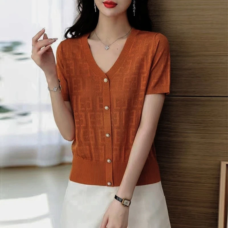 夏季新款百搭薄款镂空印花显瘦气质V领针织短袖T恤