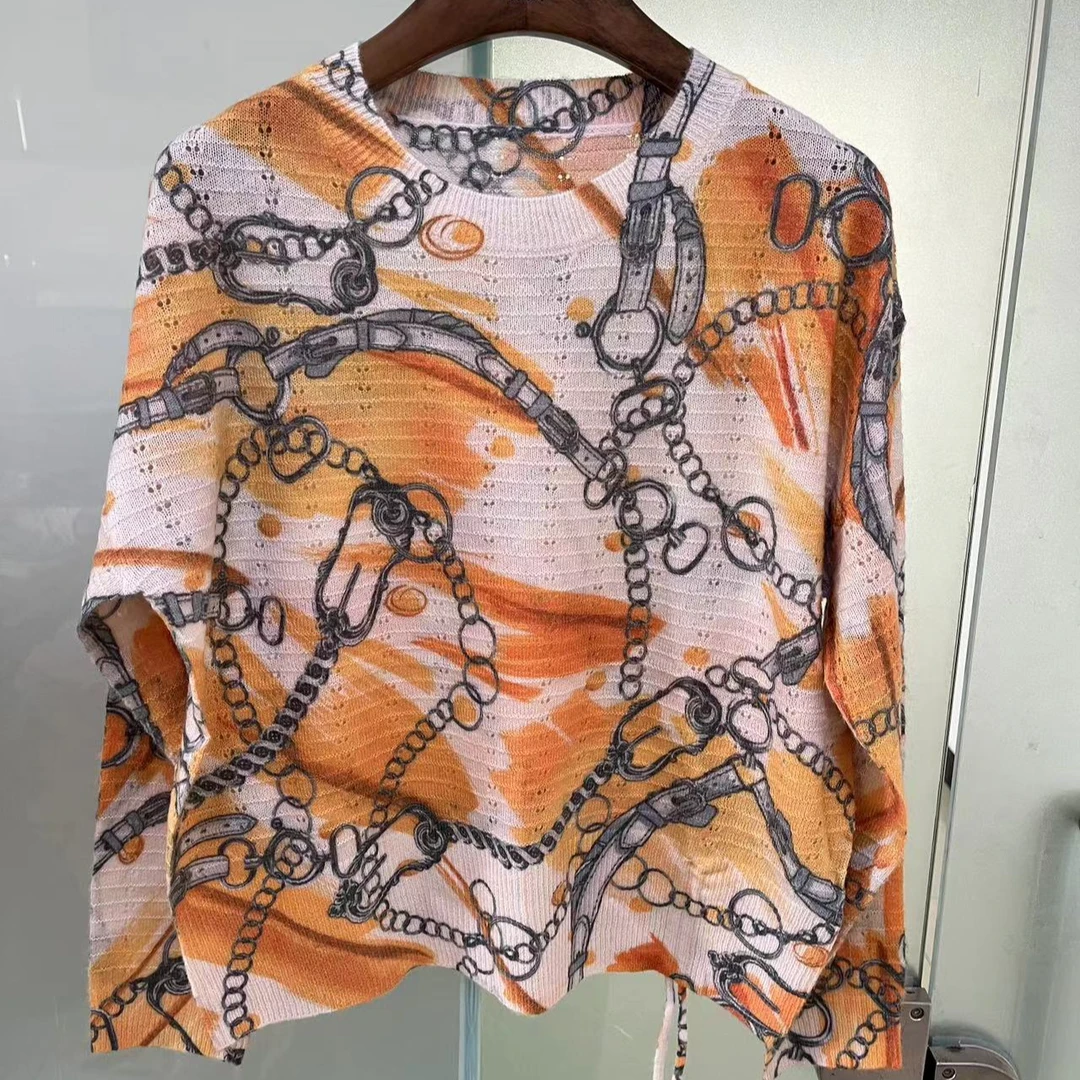 悦享女装2024春季新款女复古印花薄款圆领打底针织衫