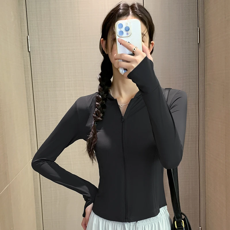 修身防晒衣瑜伽外套健身瑜伽服夏季速干连帽罩衫上衣专业小个子