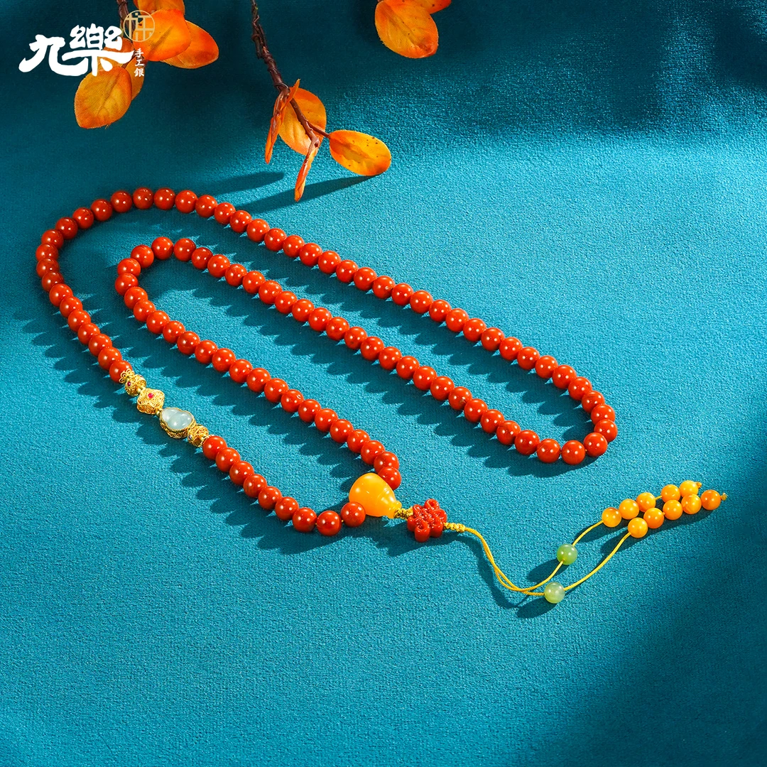 九乐7N南红配花蜡三通多圈两用项链国风长款时尚轻奢高级感珠珠