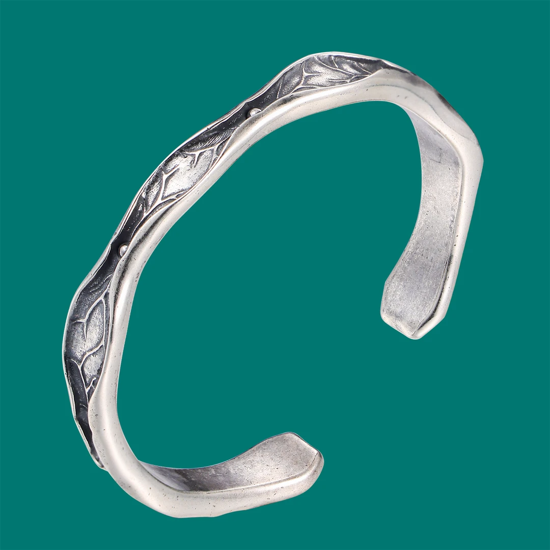 九乐 925银手镯 做旧不规则莲纹开口手镯复古情侣实心个性银手镯