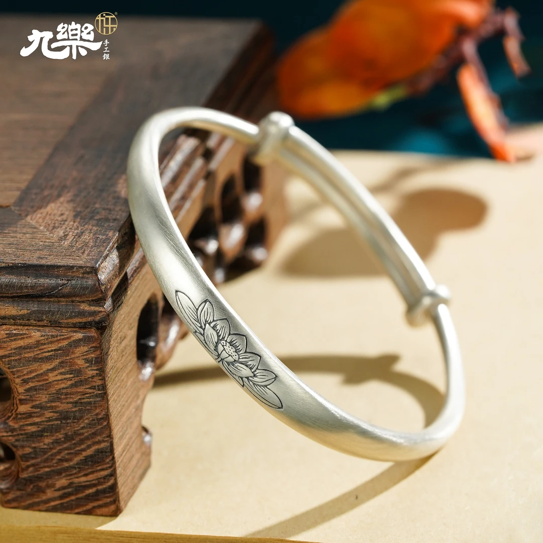 九乐 足银手镯 999古法莲花手镯30g实心古朴典雅气质可调节推拉镯