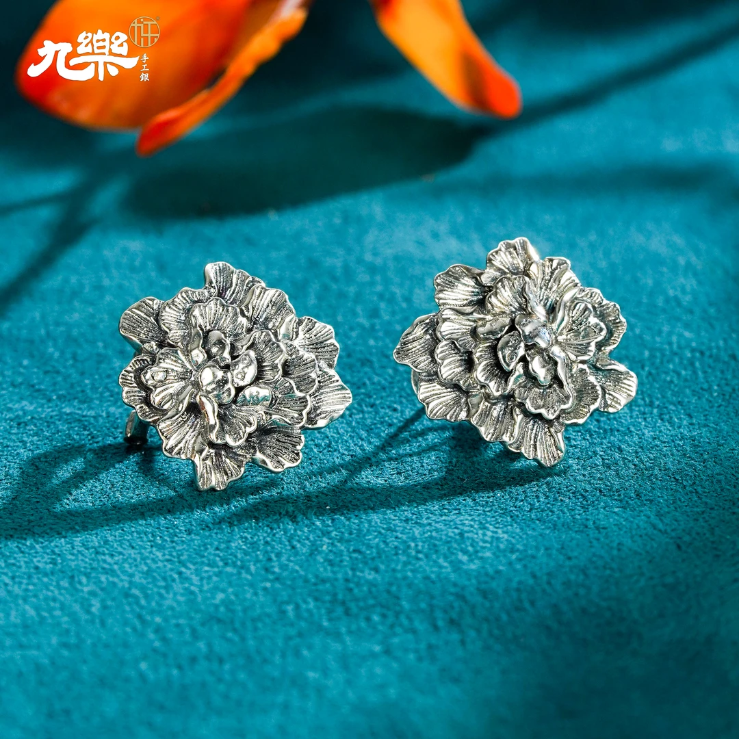 九乐 925银银制品 个性气质轻奢精致做旧牡丹花耳钉复古素款耳饰