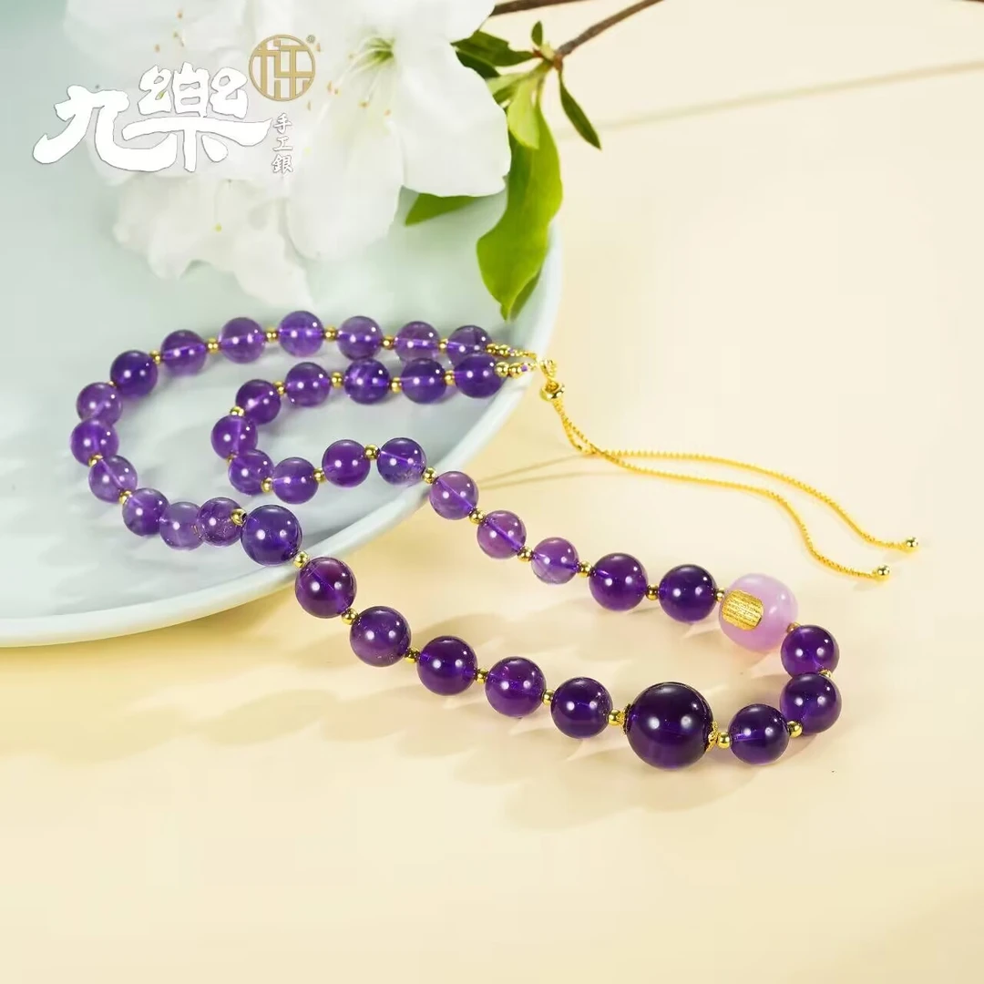 九乐单颗16mm搭配9mm紫水晶可调节项链优雅轻奢女王气质时尚百搭