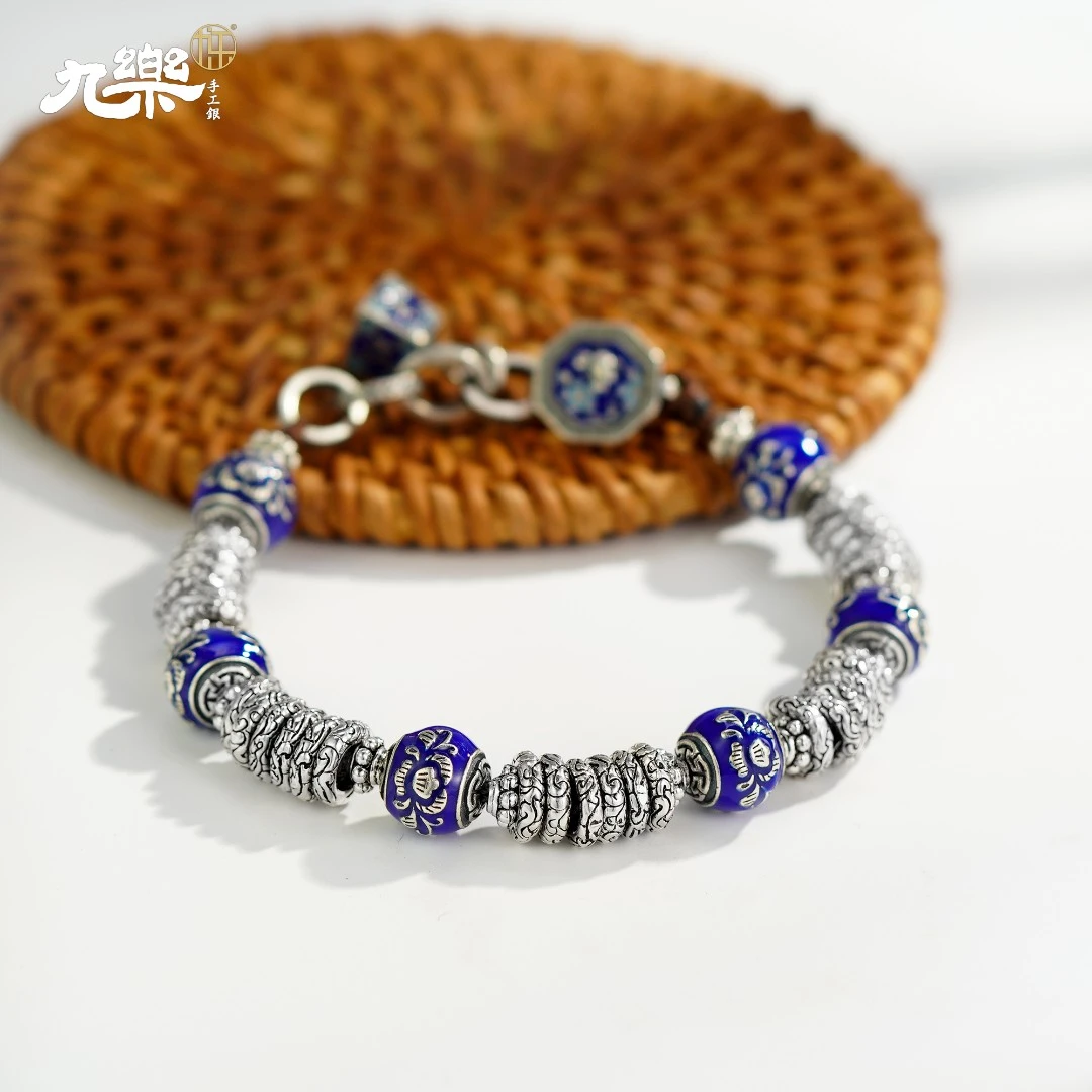 九乐 925银珐琅手链 牡丹珠多圈圈环珐琅 手链女 称心如意手串