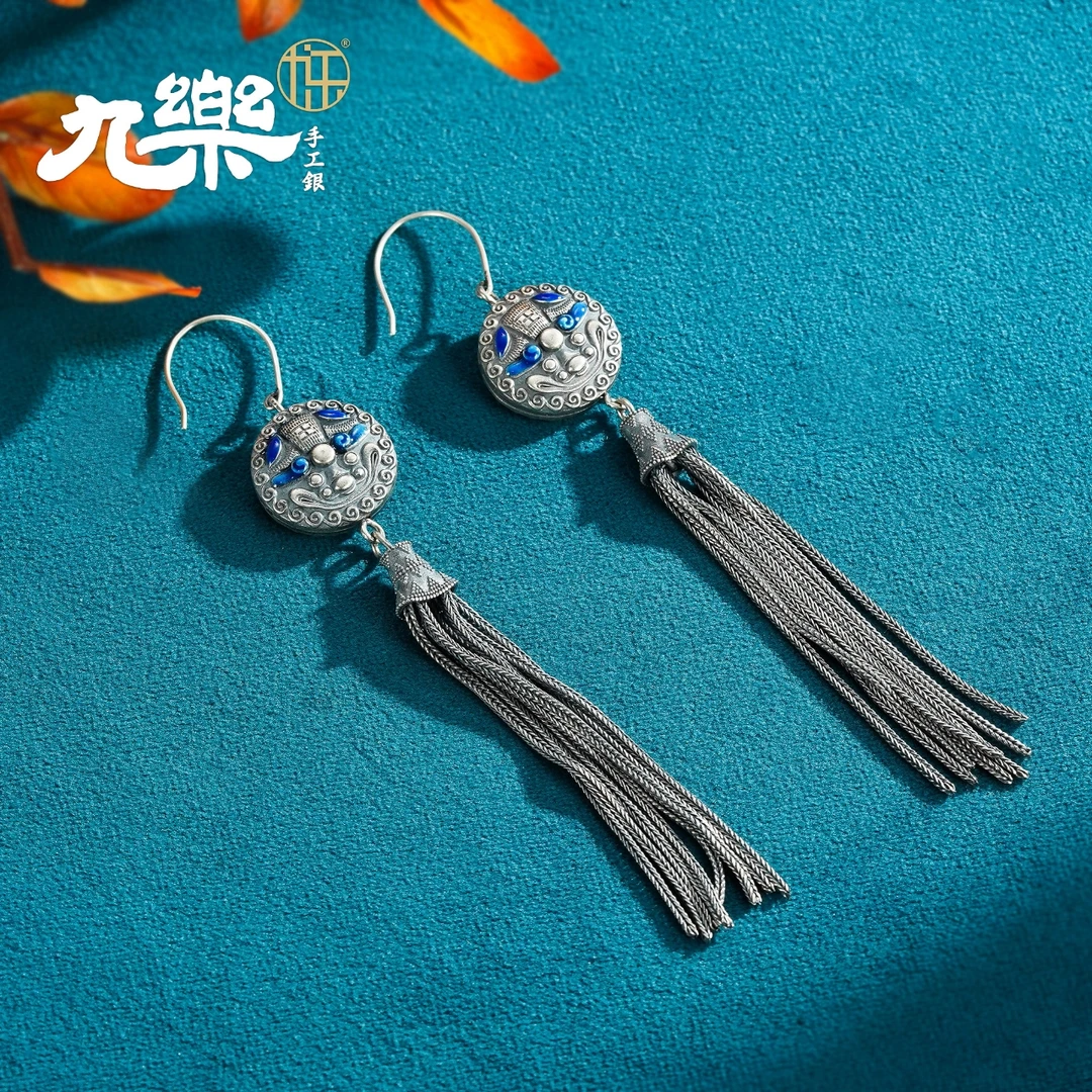 九乐 925银珐琅耳饰 做旧珐琅瑞兽虎头流苏耳环约22克复古民族风
