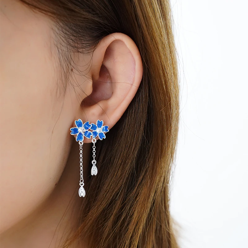 九乐 足银珐琅耳饰 990珐琅掐丝蓝色双花朵流苏耳钉轻奢百搭款