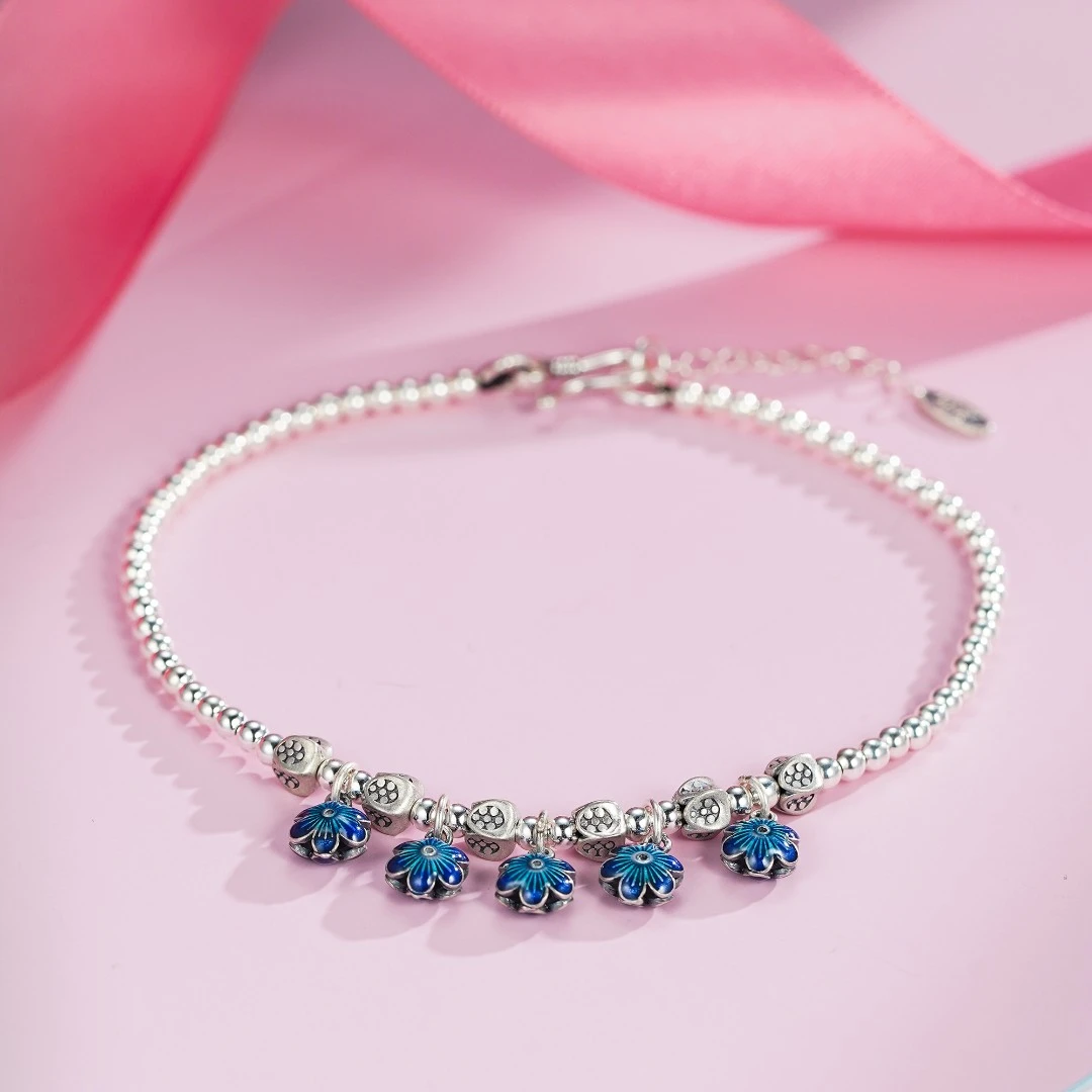 九乐 925银脚链 蓝色轻奢花花脚链时尚ins百搭女款韩版串珠简约款