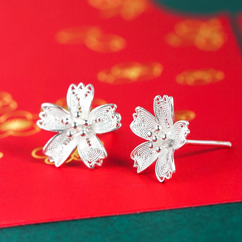 足银耳饰 990掐丝花朵耳钉礼物 银制品素款气质 国潮国风民族风