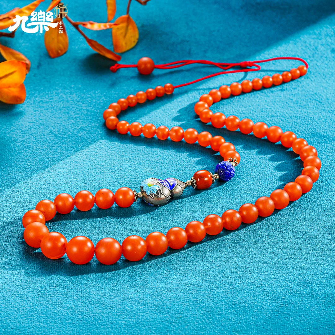 九乐大小保山南红莲花葫芦项链长款时尚民族风气质红色珠珠项链