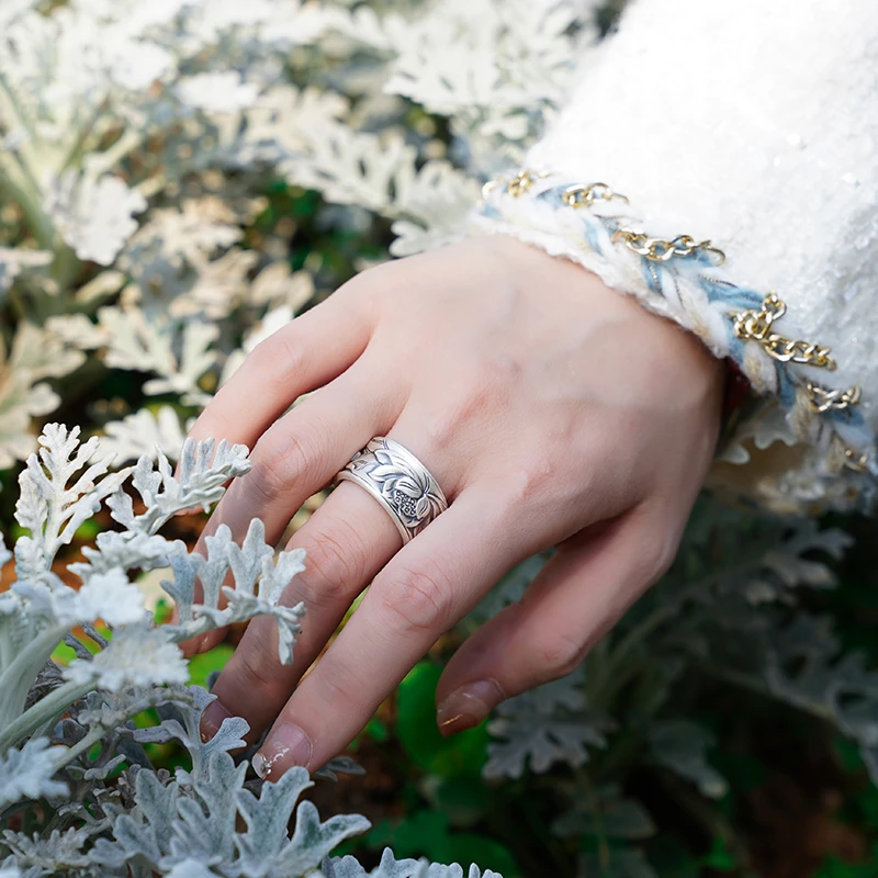 九乐 足银戒指 999做旧莲花荷叶心经戒指宽12mm复古荷花宽面指环