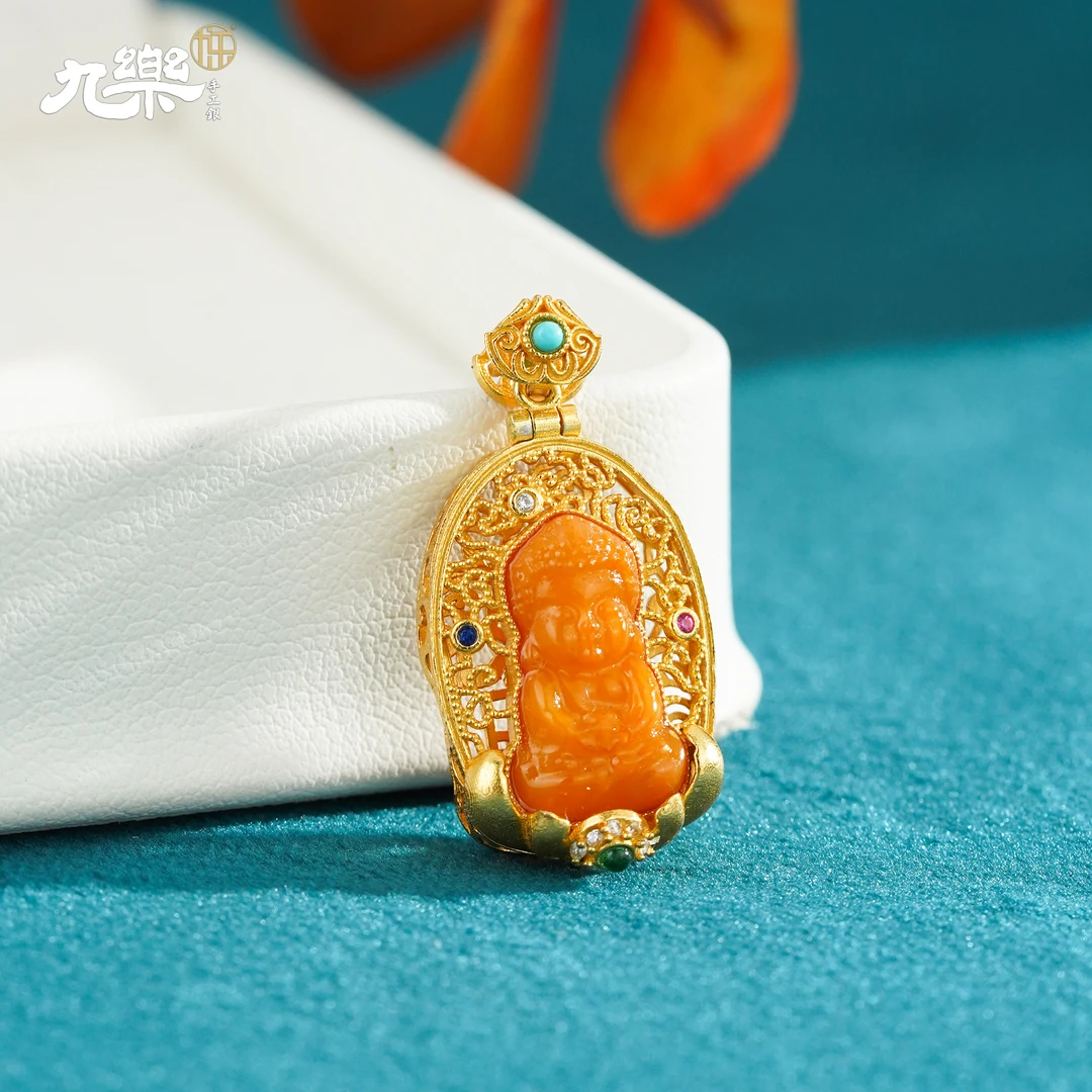 九乐蜜蜡宝宝佛镀金香囊吊坠精美女士时尚镶嵌挂坠国风气质坠链