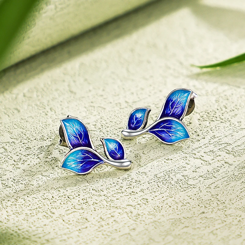 九乐 925银耳饰 烧蓝叶子耳钉耳环女小众设计高级感气质纯银耳饰