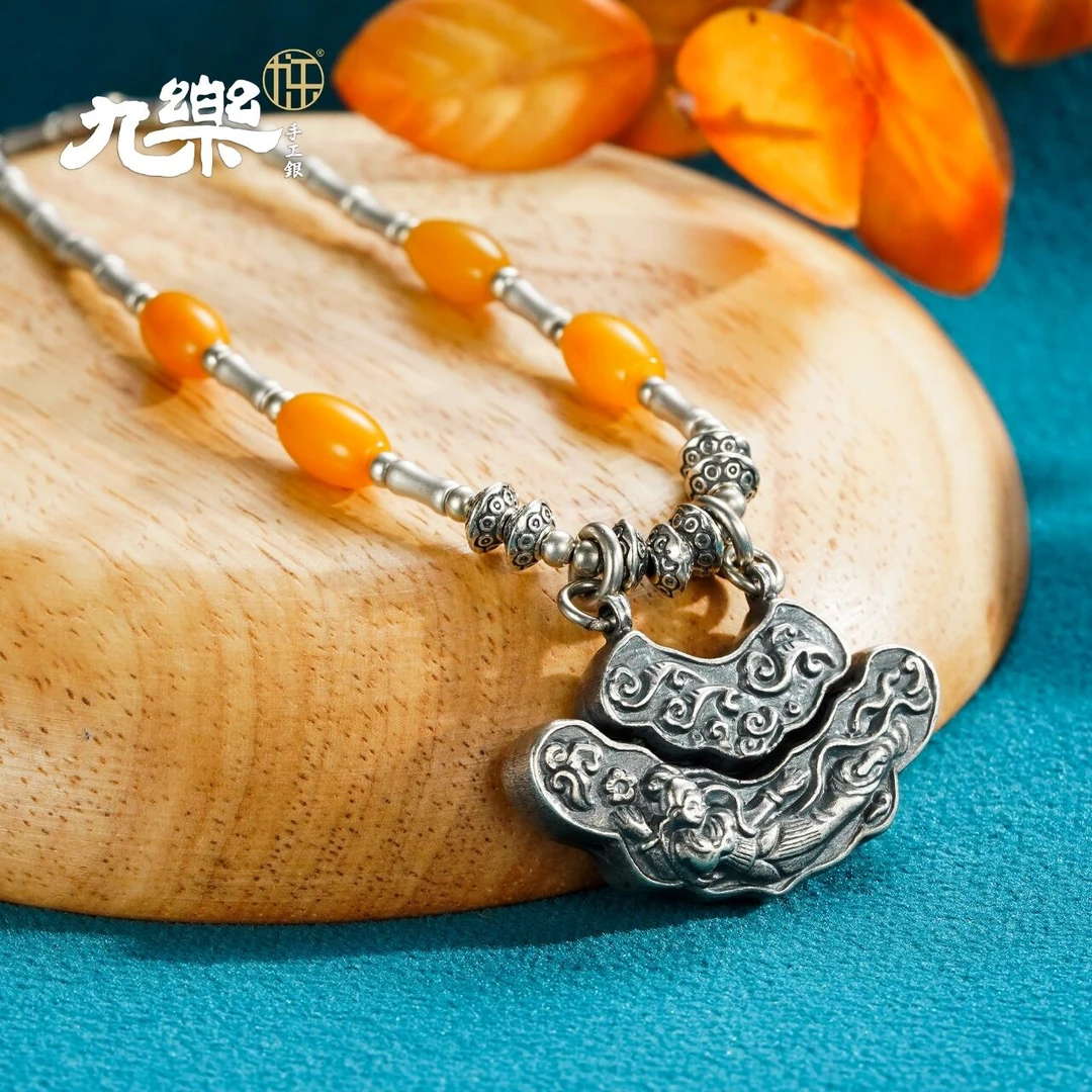 九乐复古蜜蜡竹节飞天女项链