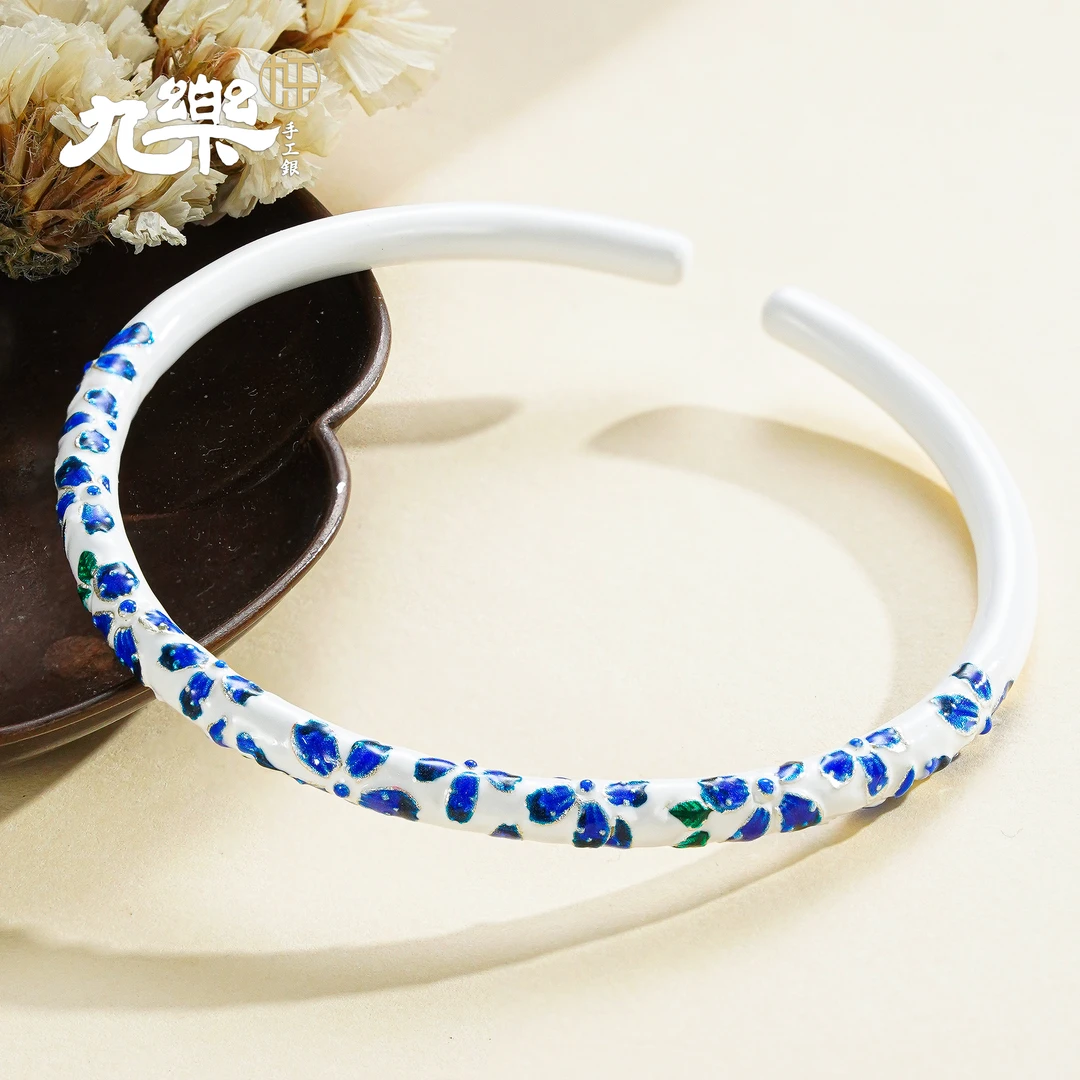 九乐 足银手镯 999樱花珐琅手镯古风秀丽典雅轻奢高级感手镯百搭